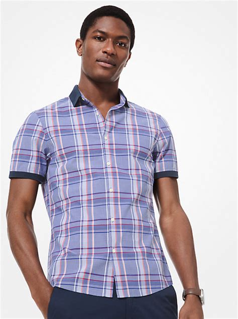 michael kors mens slim-fit plaid cotton short-sleeve shirt|Michael Kors linen shirt.